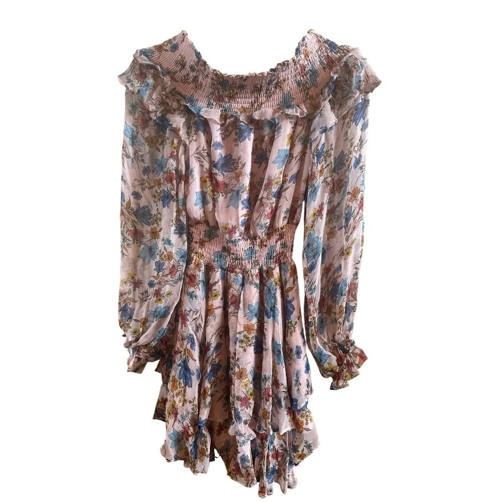 Gilner Farrar Pink Floral Mini Dress Off The Shoulder Ruffled Neckline Size XS‎